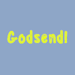 Image showing the word, Godsend, in yellow lettering, on a pale blue background